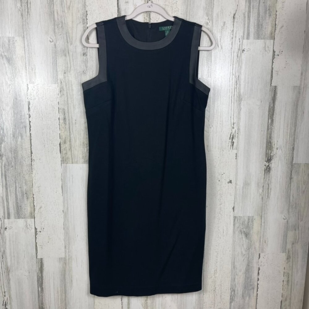 Lauren Ralph Lauren leather trim sheath dress black 10 chic day to night classic